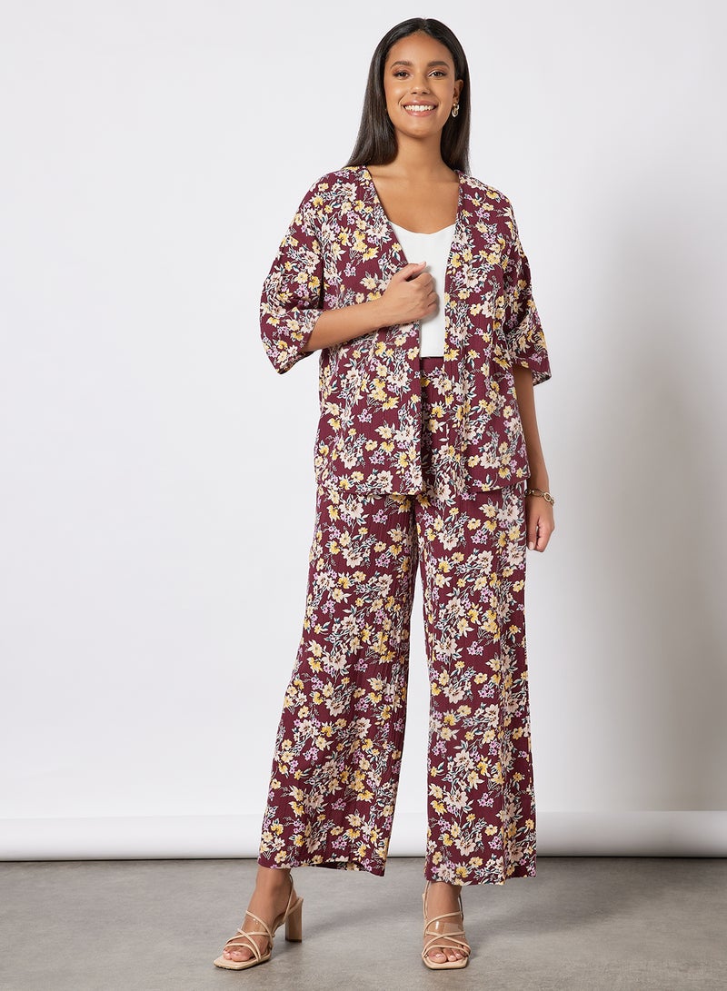 Floral Short Kimono Burgundy