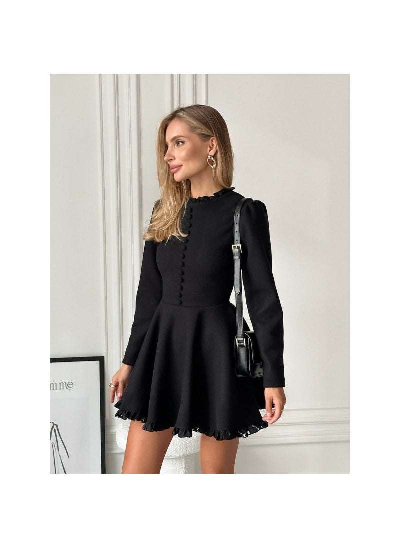 2024 Autumn Winter Chic Round Neck Long Sleeve Black Lace Dress Black