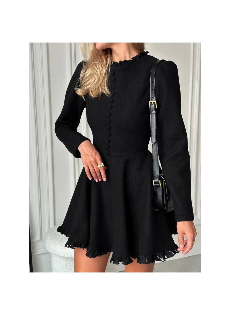 2024 Autumn Winter Chic Round Neck Long Sleeve Black Lace Dress Black