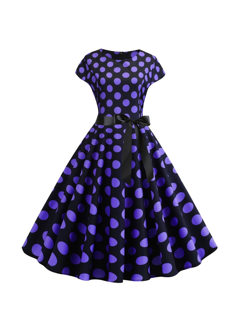 Cross-border Foreign Trade Summer Retro Womens Wear Round Neck Cover Sleeve Round Wave Dot Large Swing Dress with Black Ribbon Waisted 8026 Blue