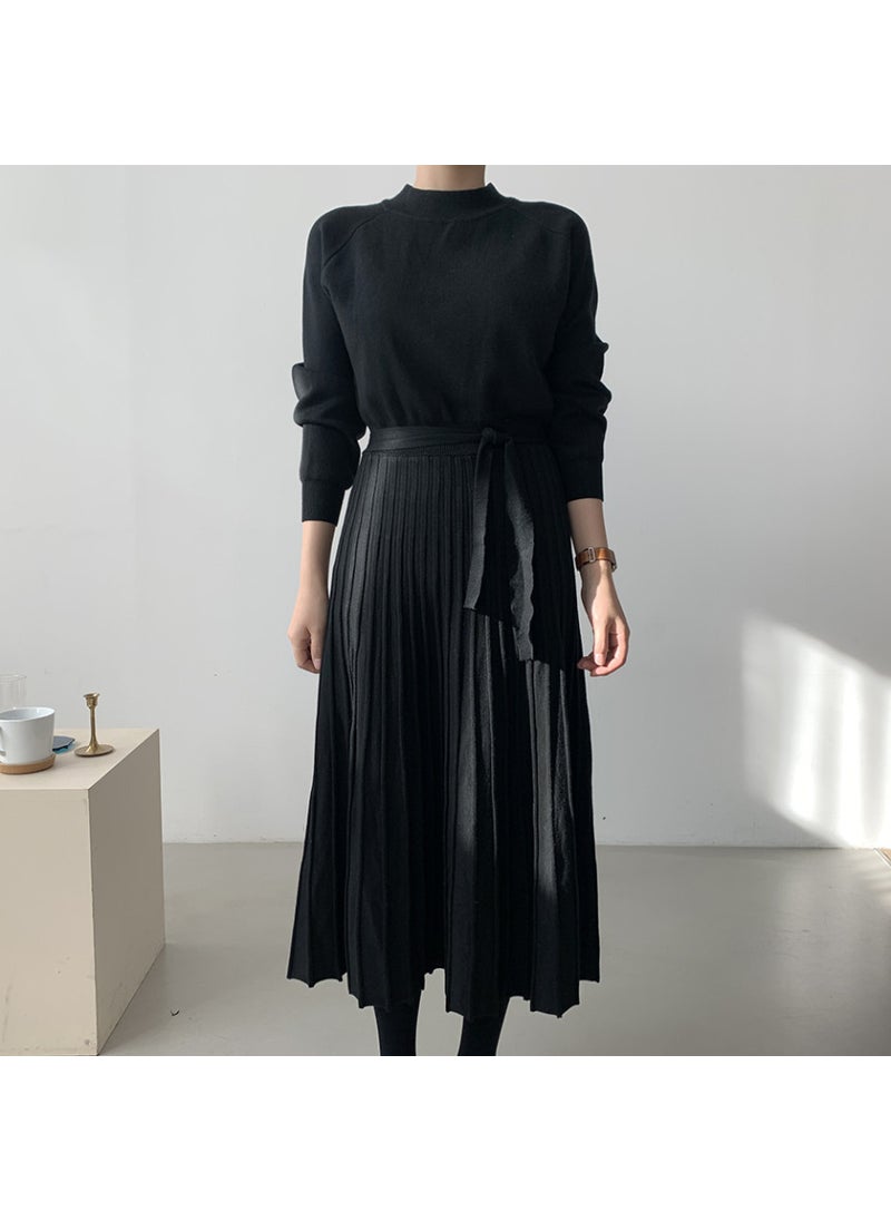 Knitted Midi Dress with Waist Tie Retro Korean Fall/Winter Black