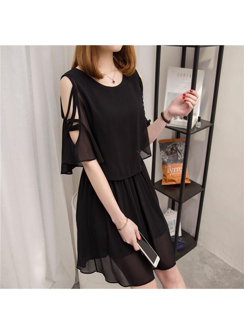 2024 Summer Korean Chiffon Midi Dress Slimming A-Line Black