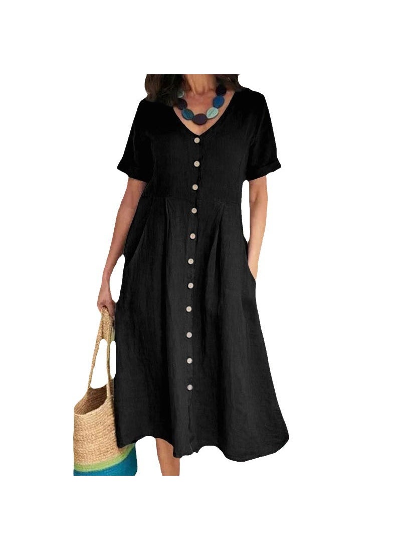 2024 Spring Summer Casual Linen Dress Black