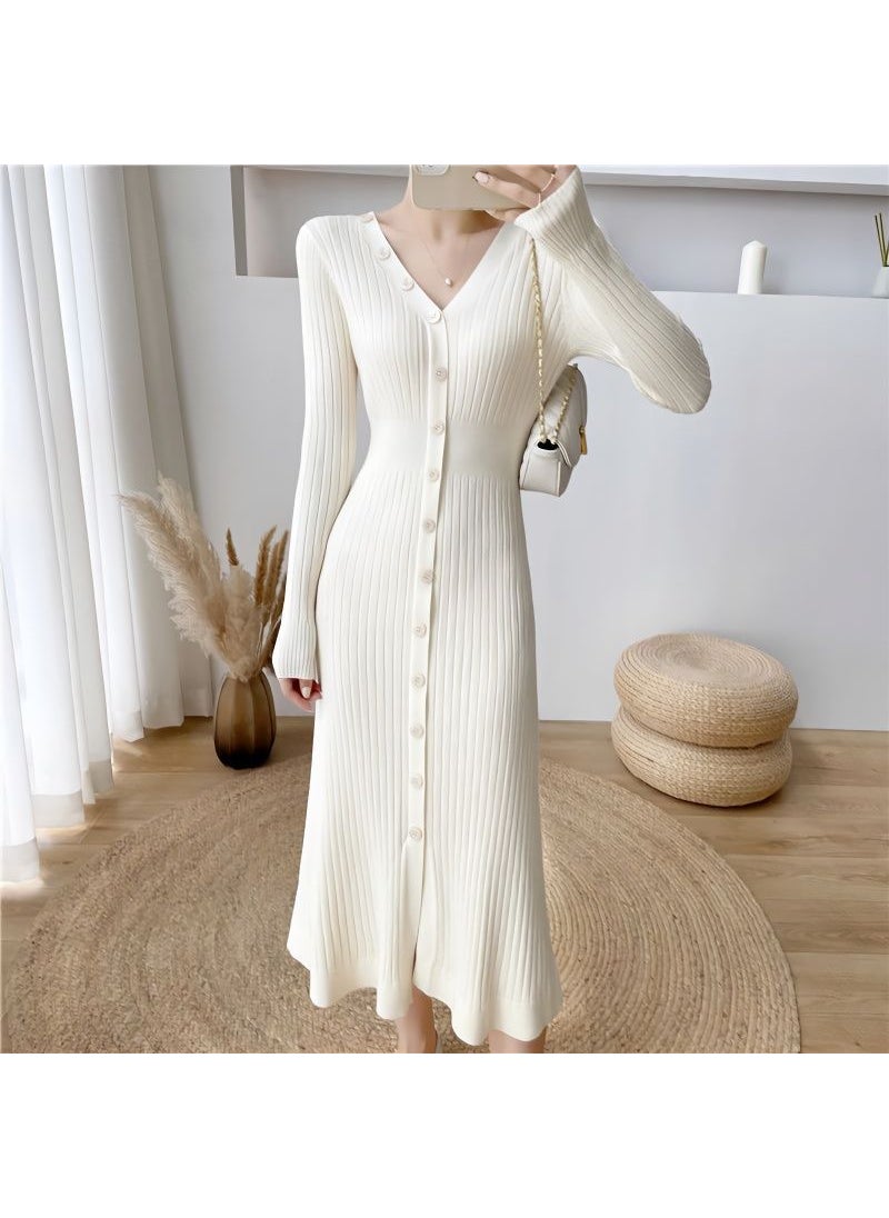 Autumn Winter White Knit Sweater Dress Creamy-white