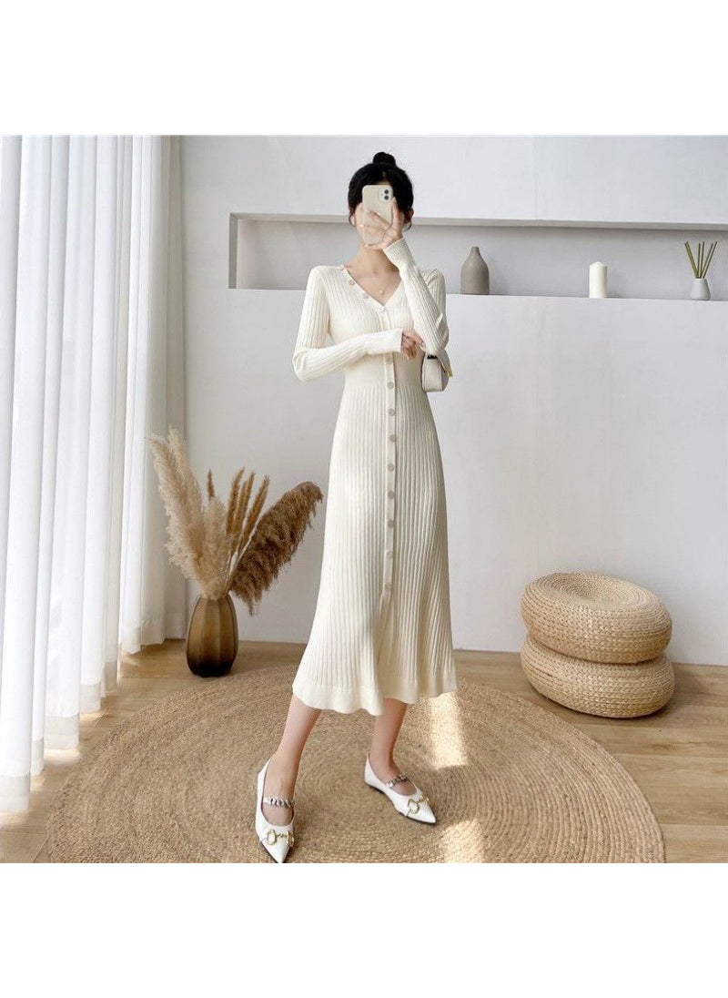 Autumn Winter White Knit Sweater Dress Creamy-white