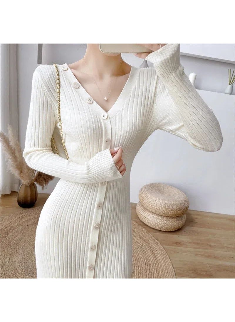 Autumn Winter White Knit Sweater Dress Creamy-white