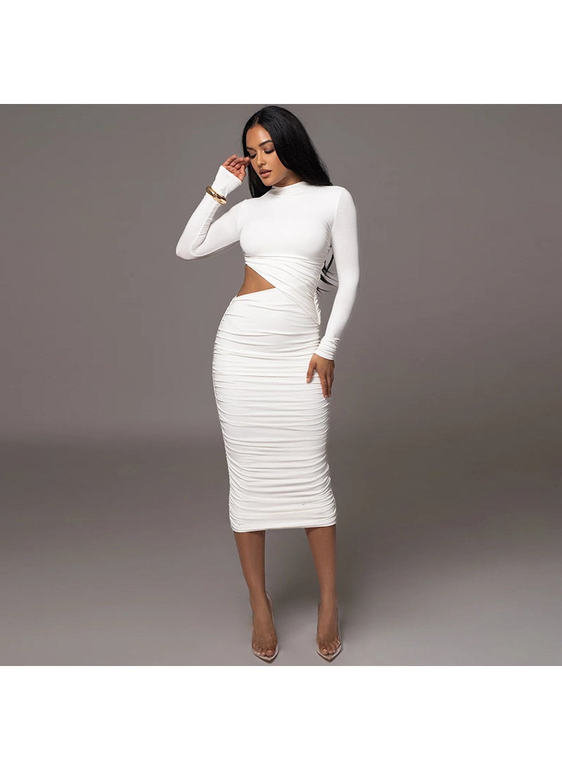 Chic Solid Color Round Neck Long Sleeve Cut-Out Ruched Bodycon Dress White