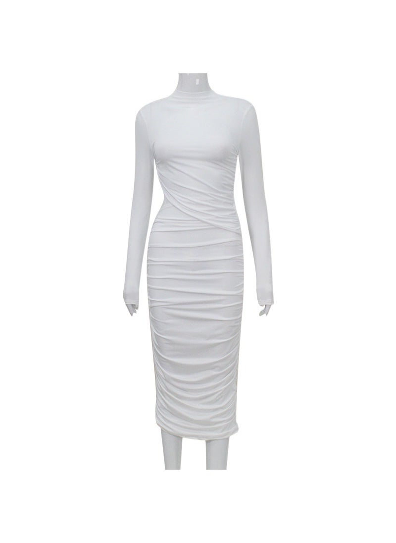 Chic Solid Color Round Neck Long Sleeve Cut-Out Ruched Bodycon Dress White