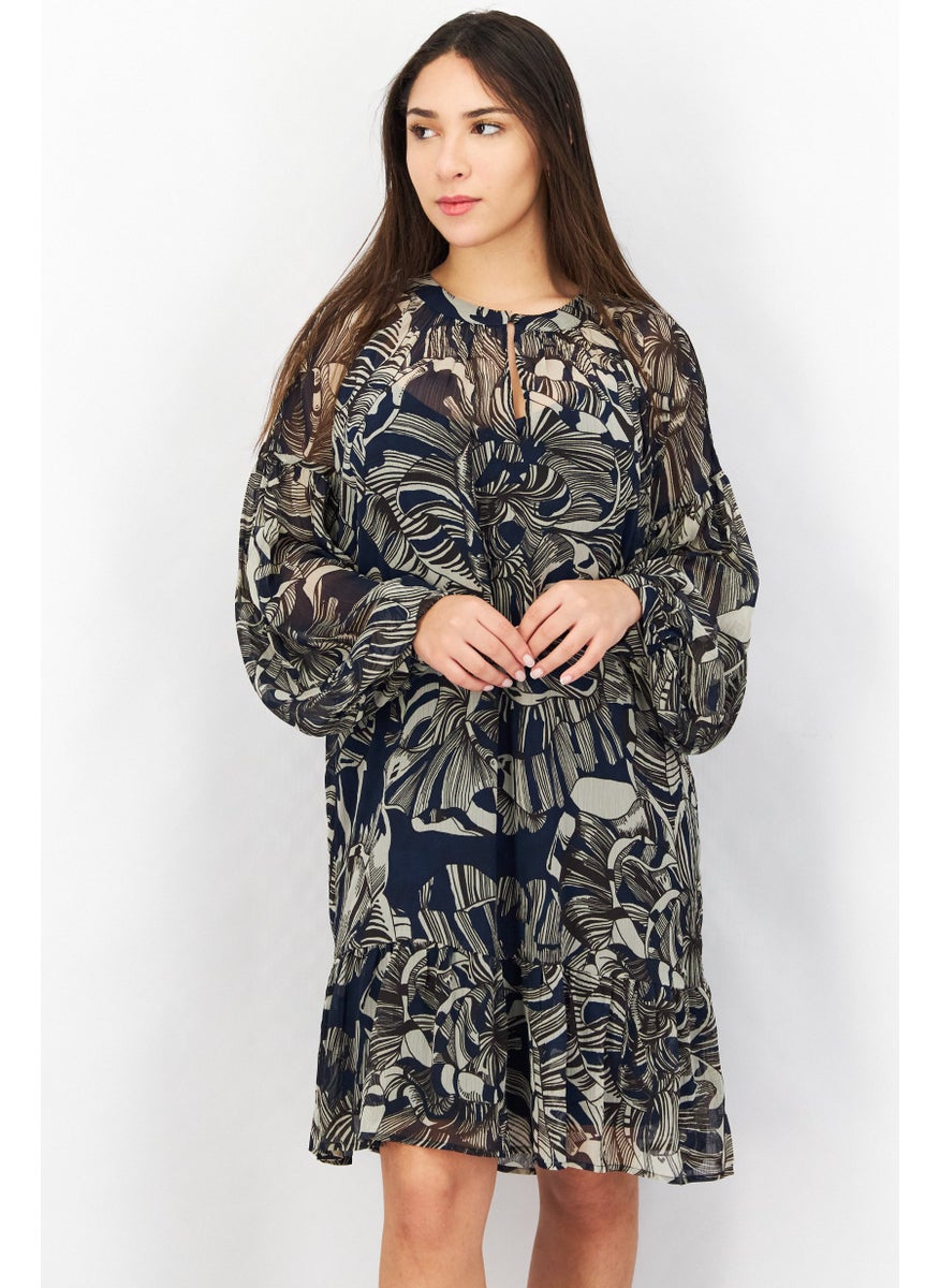 Women Floral Pattern Long Sleeve Midi Dress, Navy Combo