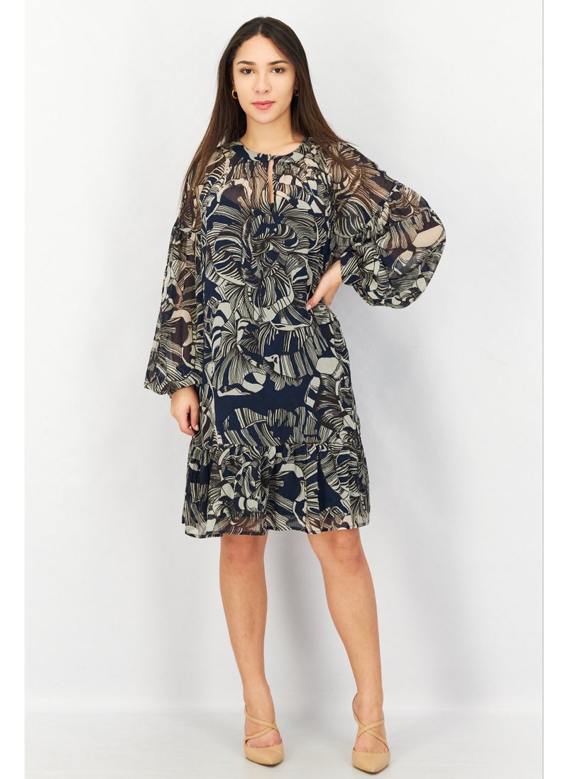 Women Floral Pattern Long Sleeve Midi Dress, Navy Combo