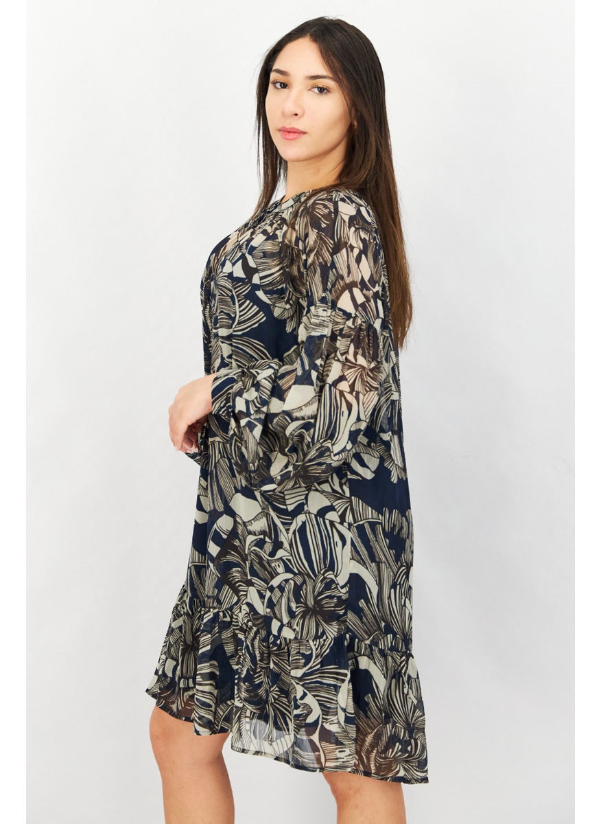 Women Floral Pattern Long Sleeve Midi Dress, Navy Combo