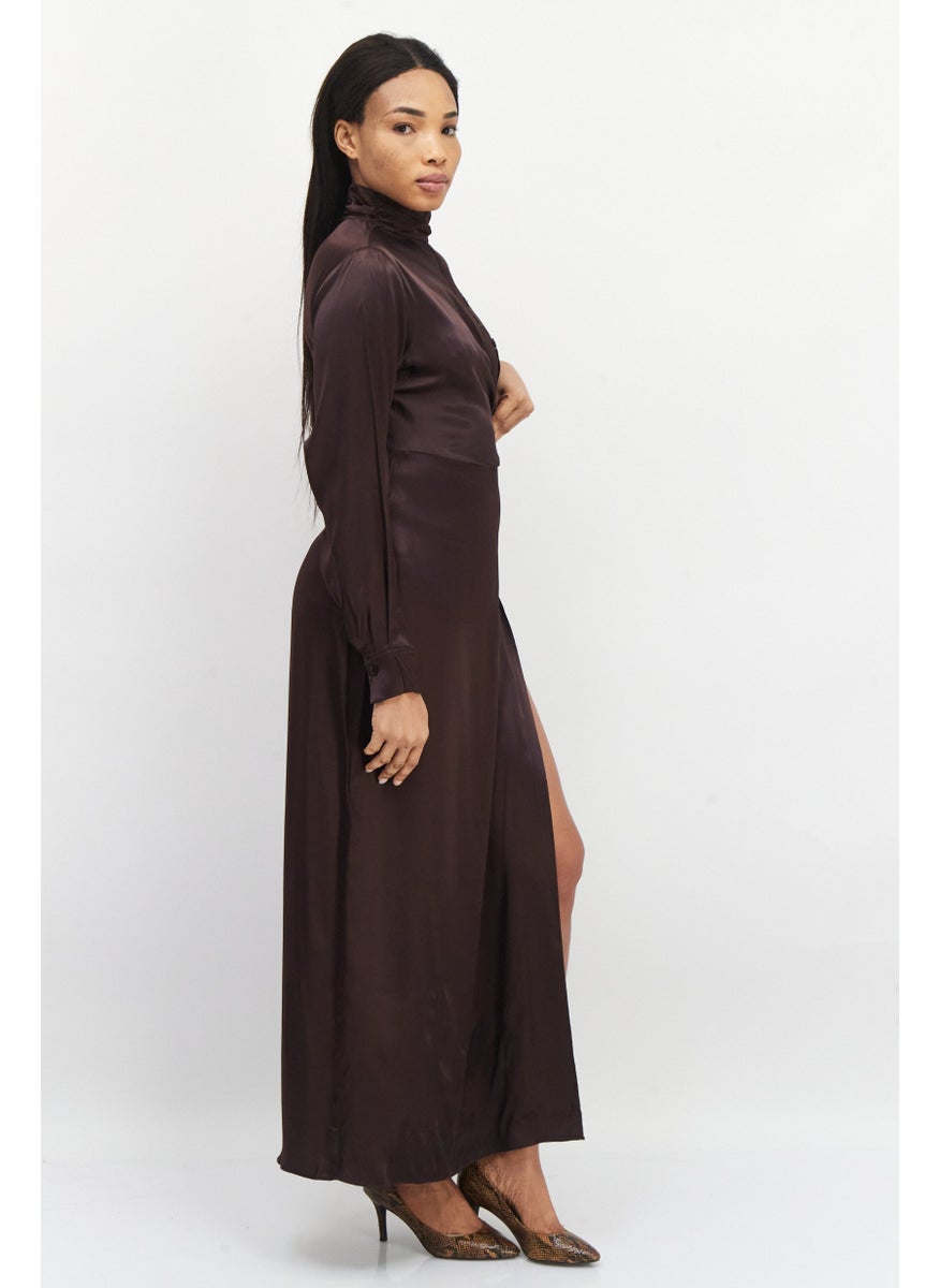 Women Plain Draped Maxi Dress, Brown