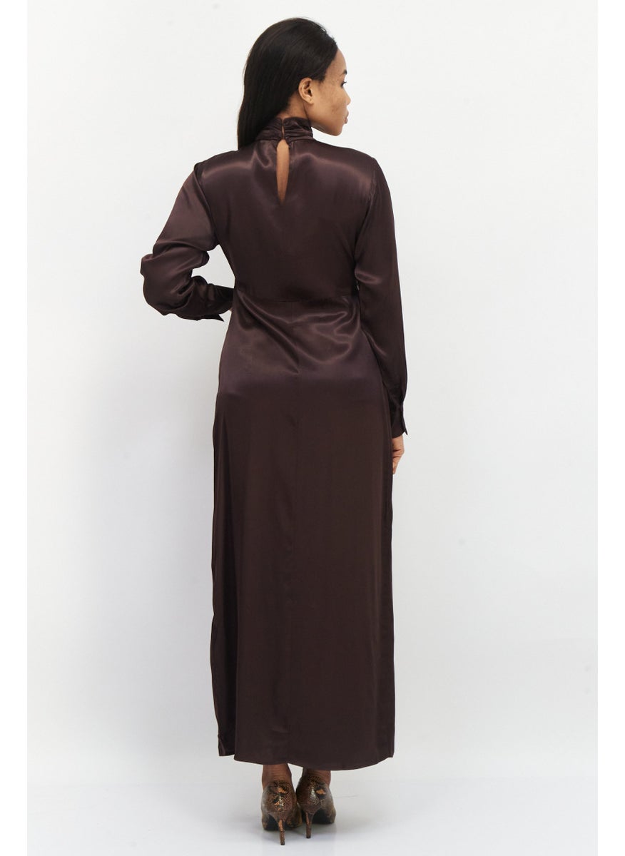 Women Plain Draped Maxi Dress, Brown