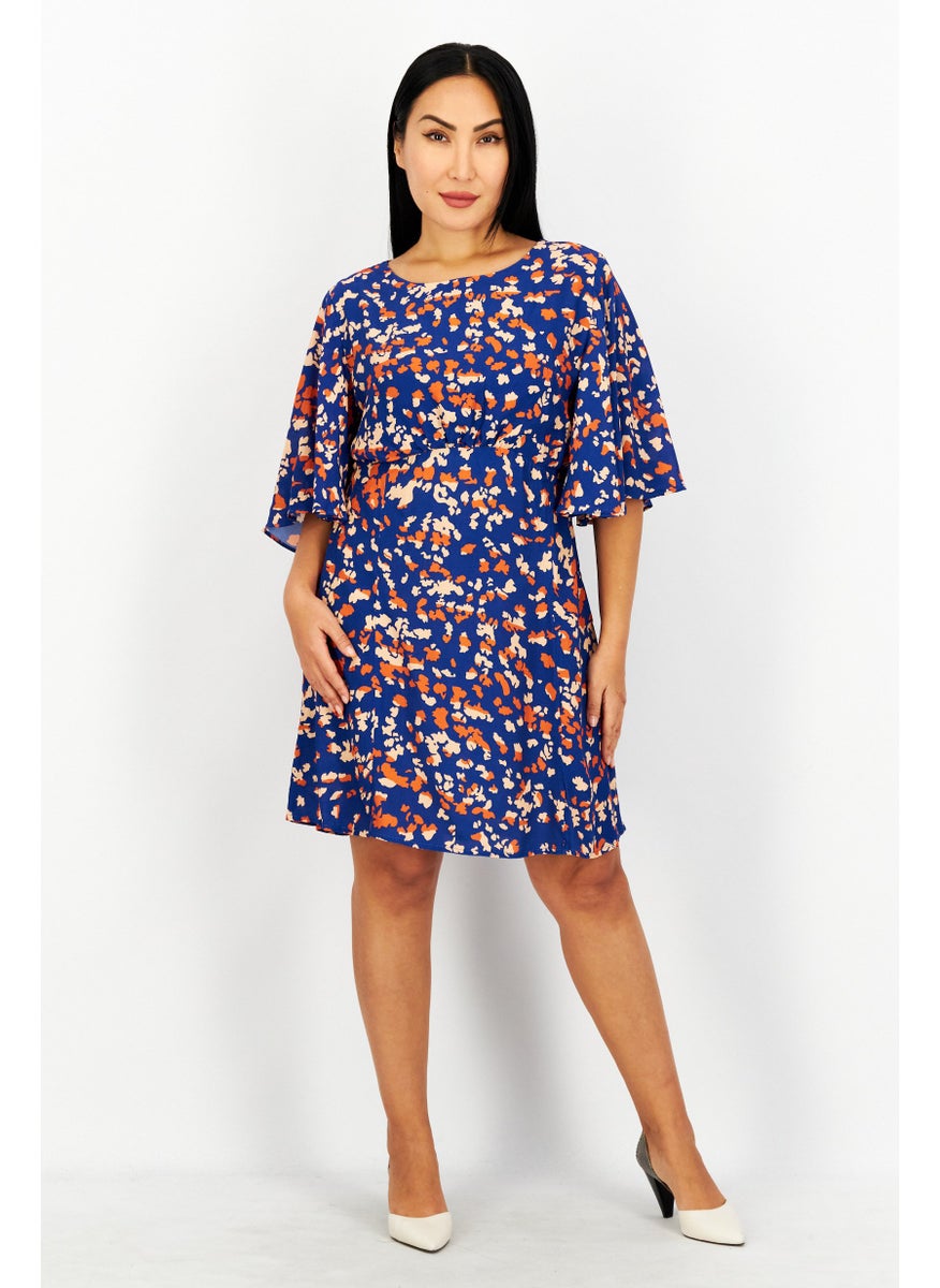 Women Allover Print Midi Dress, Blue Combo