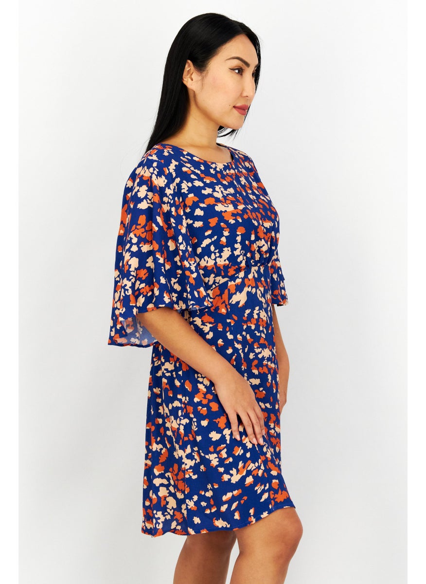 Women Allover Print Midi Dress, Blue Combo