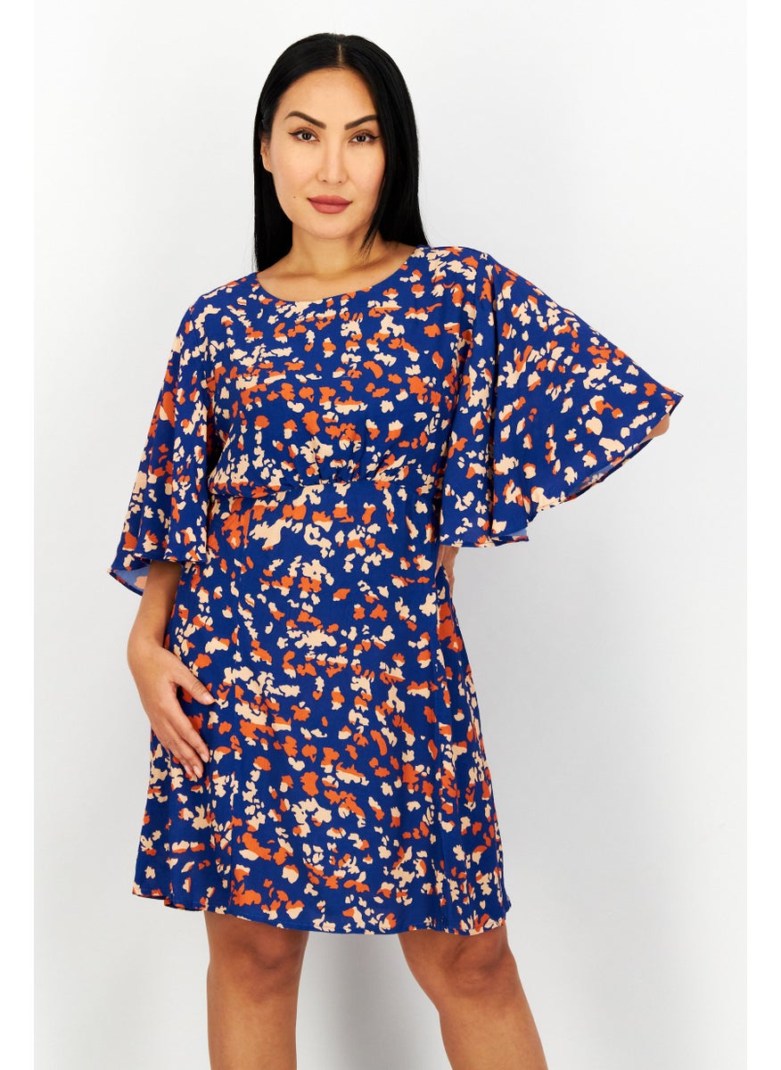 Women Allover Print Midi Dress, Blue Combo