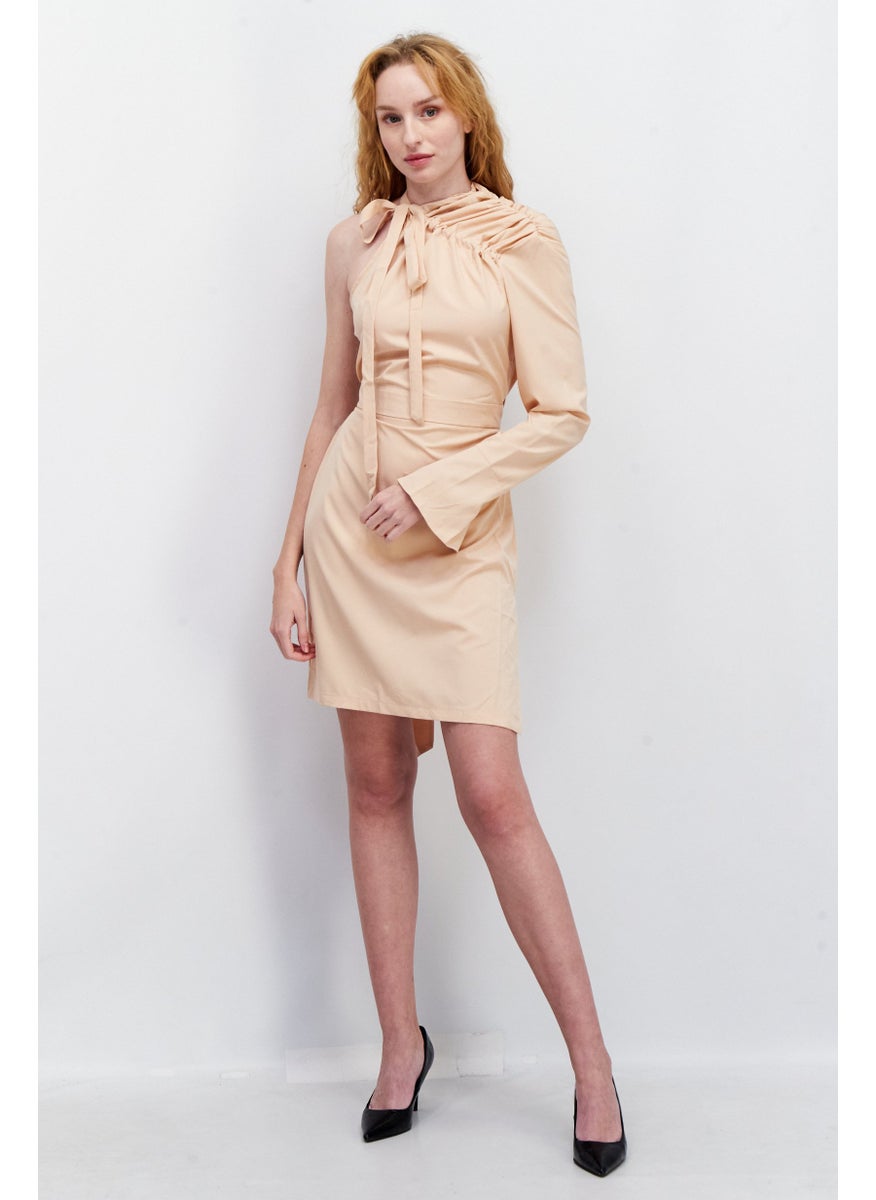 Women Asymmetrical Neckline Long Sleeves Casual Mini Dress, Peach