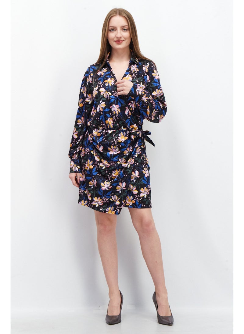 Women Floral Print Mini Wrap Dress, Black Combo