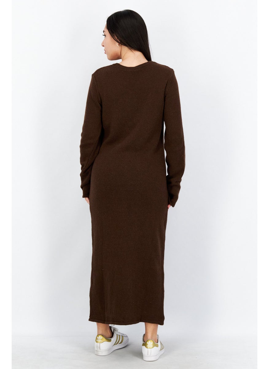 Women Crew Neck Knitted Maxi Dress, Brown