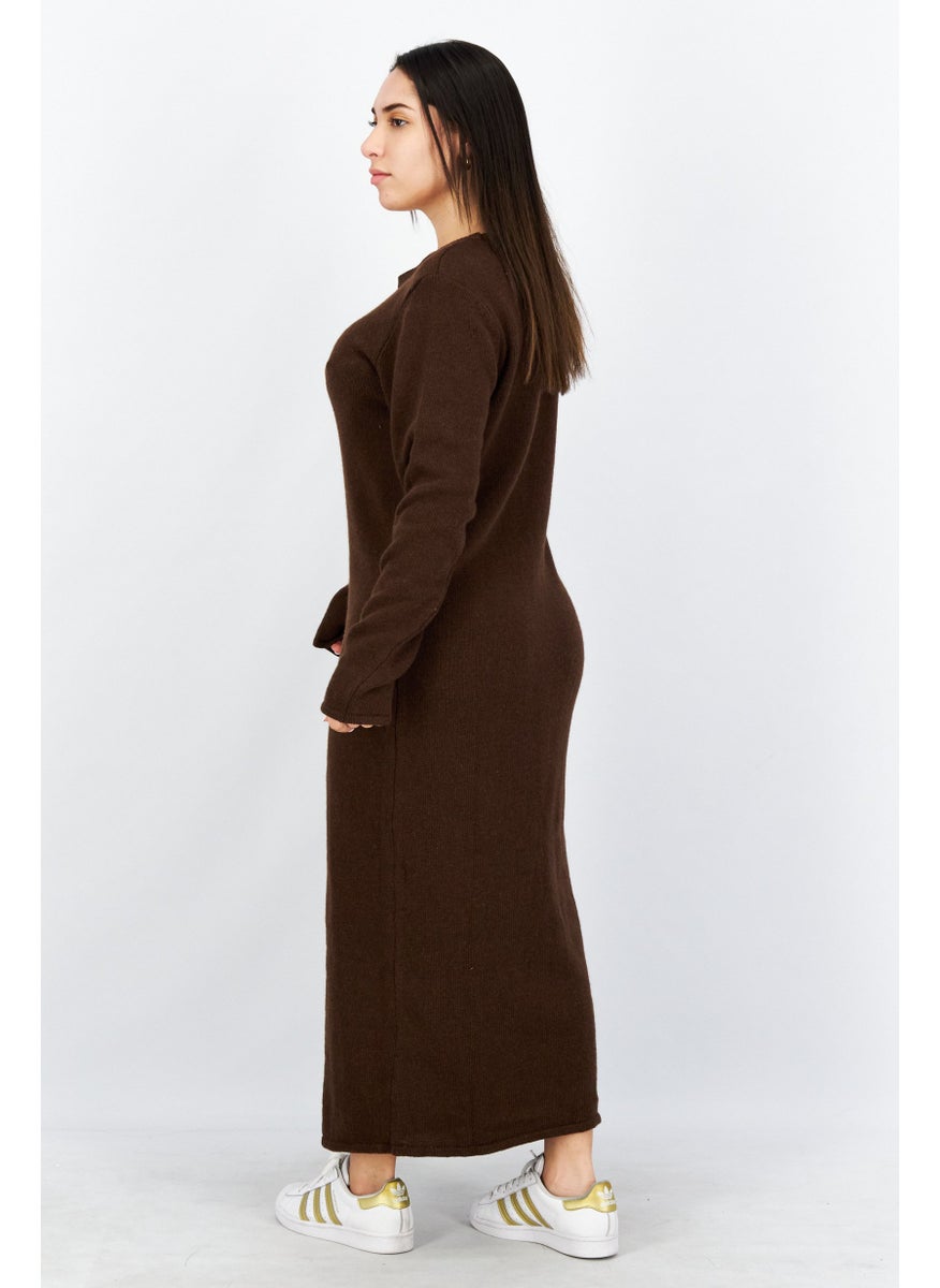 Women Crew Neck Knitted Maxi Dress, Brown