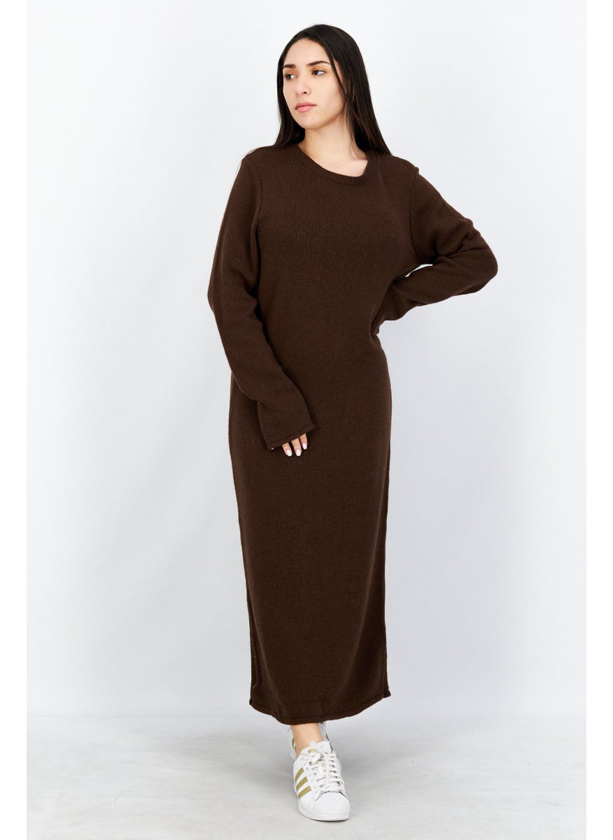 Women Crew Neck Knitted Maxi Dress, Brown