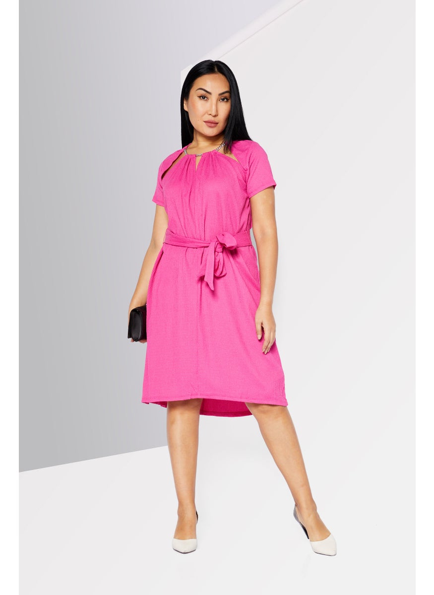 Women Textured Midi Dress, Pink