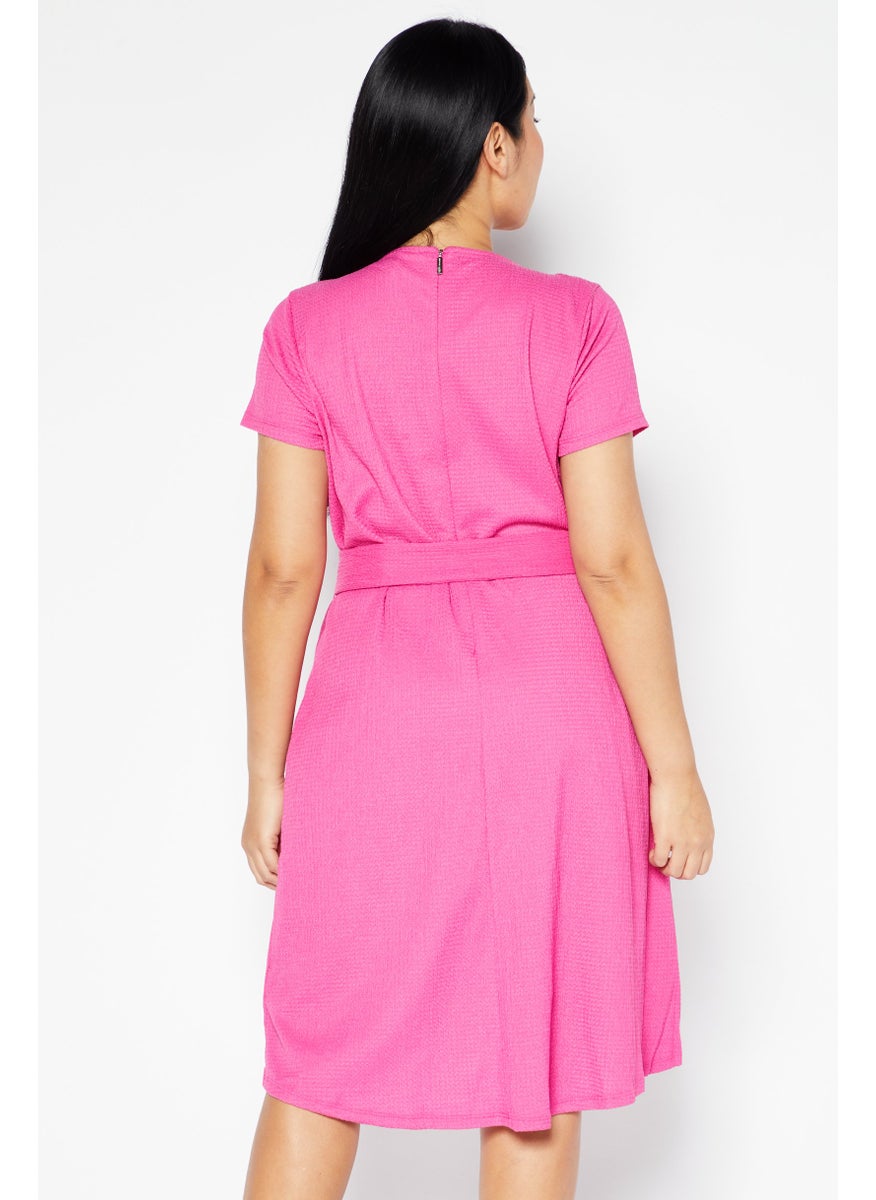 Women Textured Midi Dress, Pink