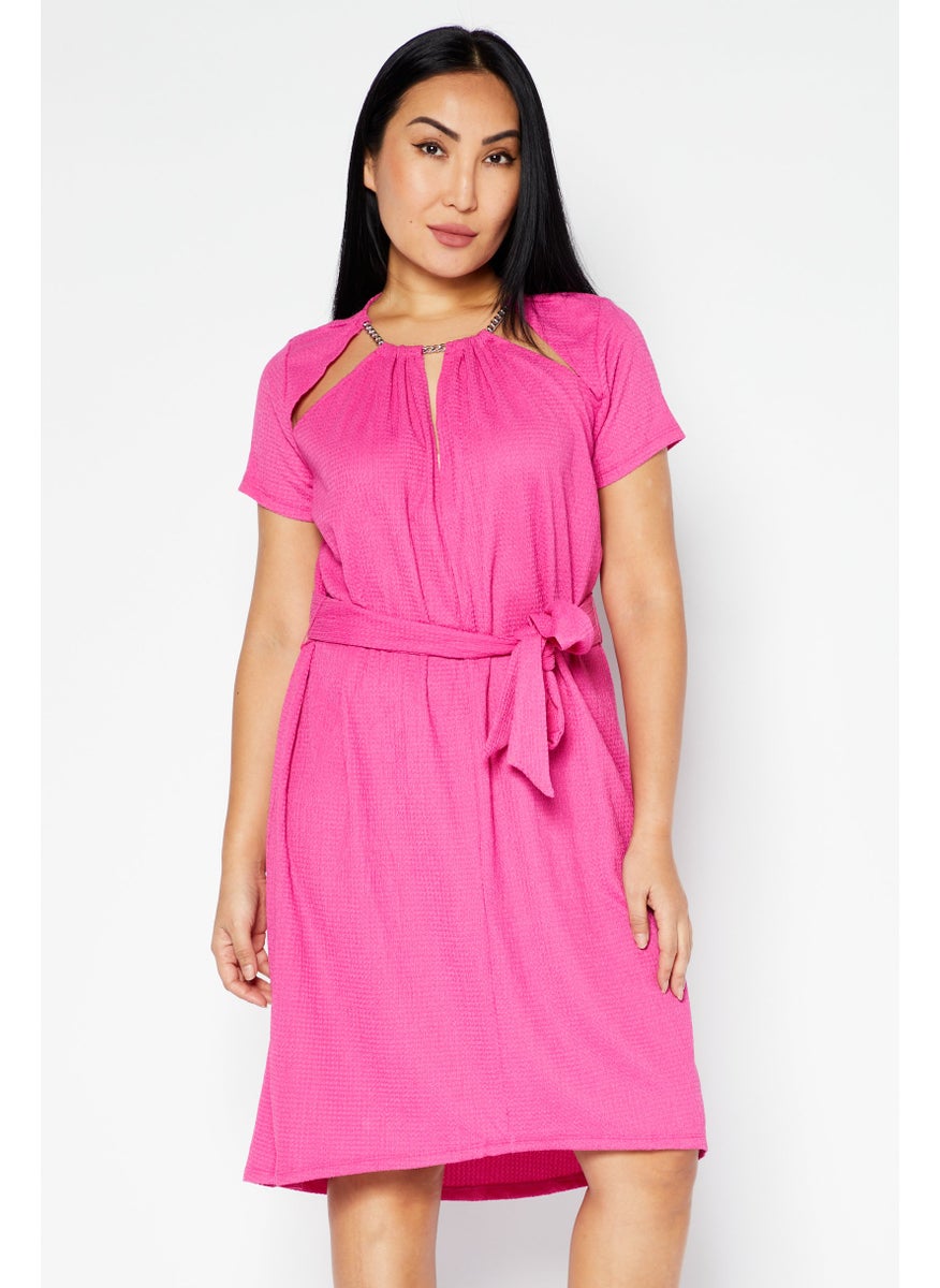 Women Textured Midi Dress, Pink