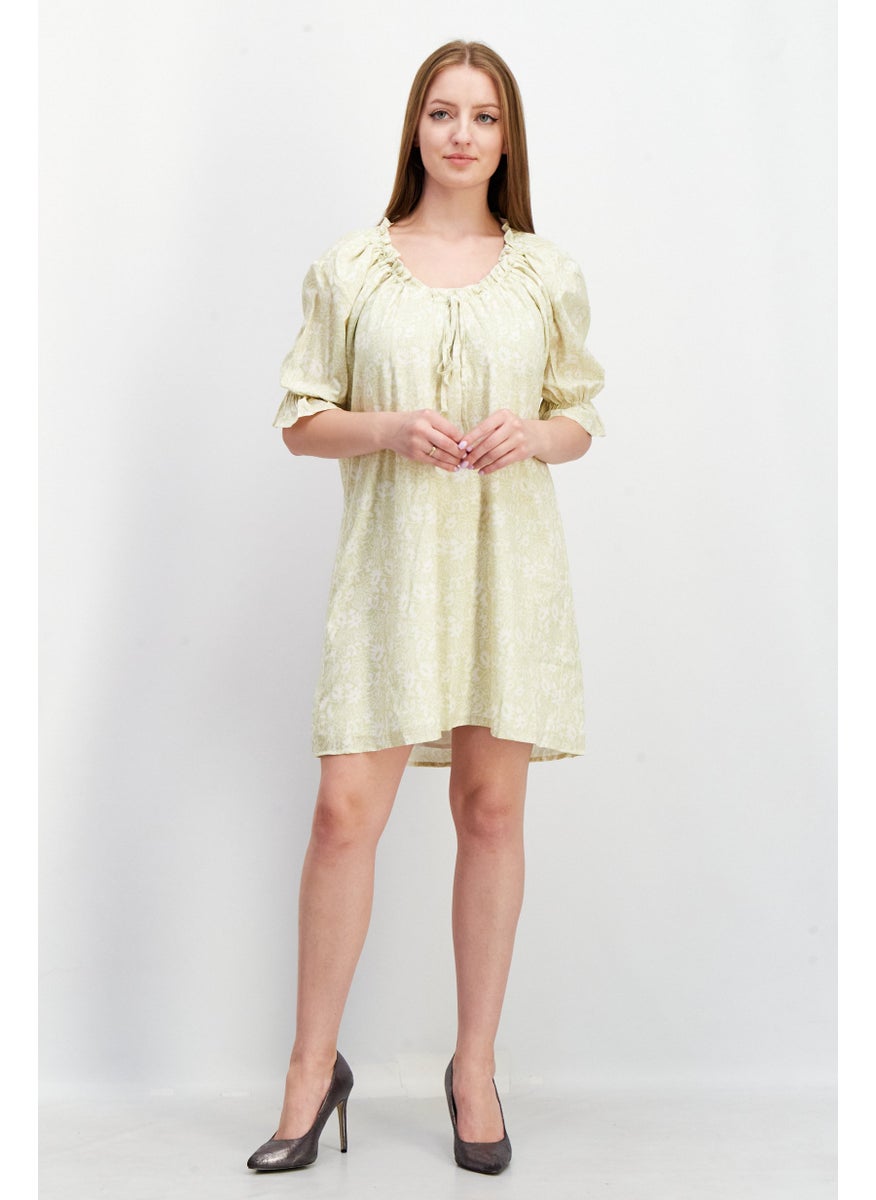 Women Floral Print Mini Causal Dress, Light Olive/White