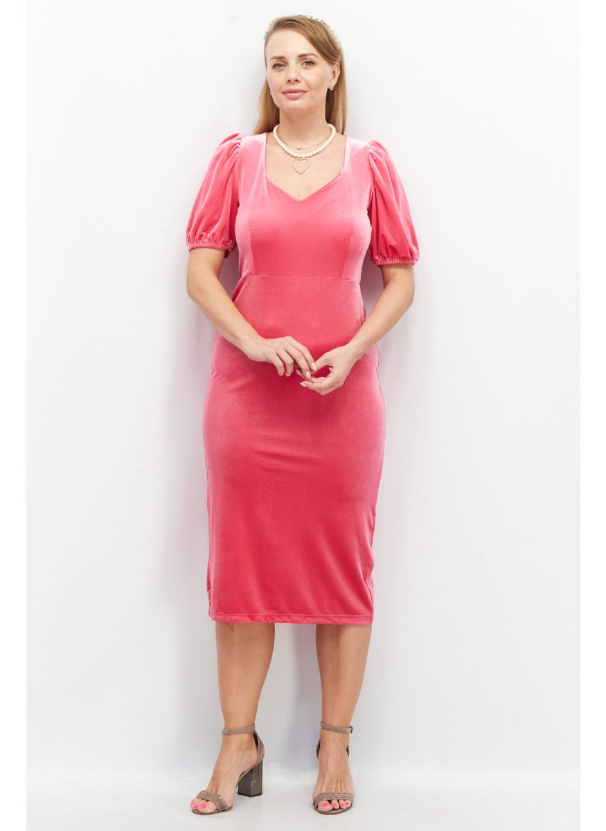 Women Textured Midi Dress, Pink