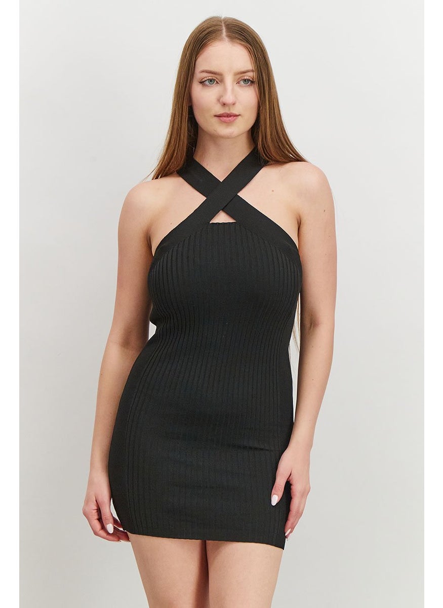 Women Crisscross Rib Bodycon Dress, Black