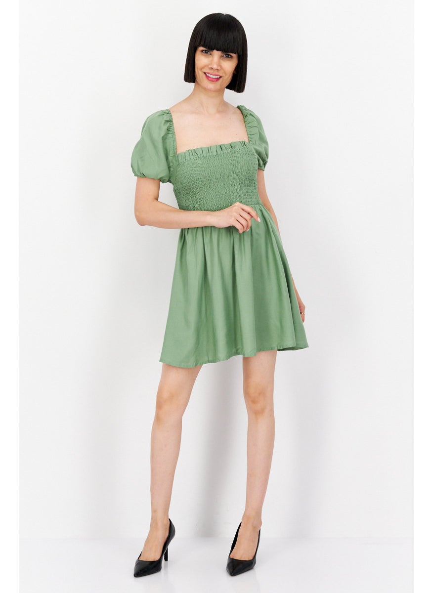 Women Shirred Mini Dress, Olive Green