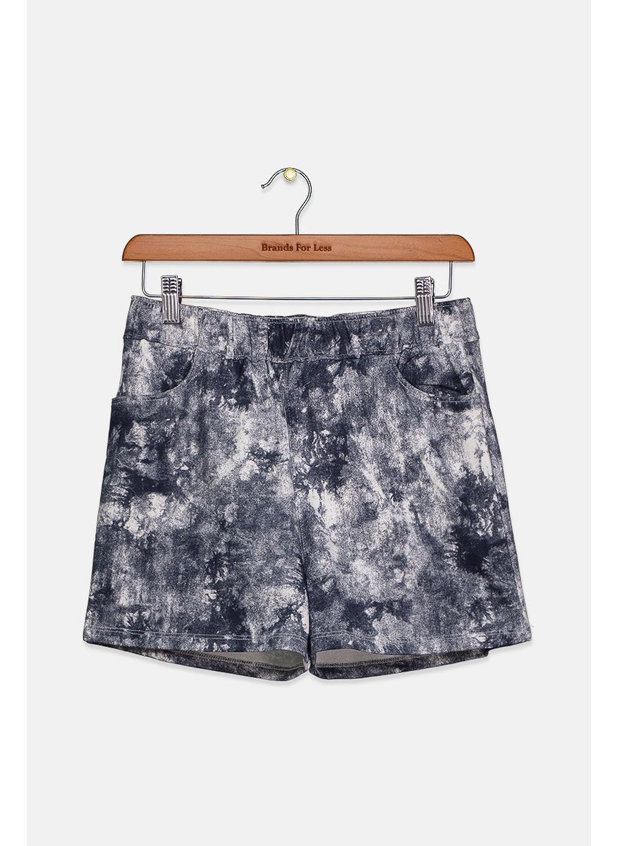 Kids Girl Tie Dye Side Pocket Pull On Shorts, Navy Blue/White