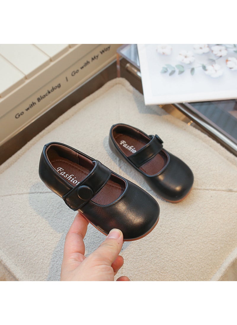 Korean Style Childrens Leather Shoes Spring and Autumn New Style Girls Shoes Fashionable Shallow Mouth Girls Shoes Baby Shoes Trendy Soft Sole ShoesBlack Black