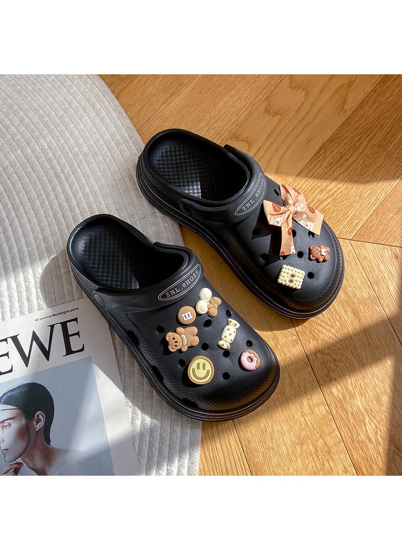 Casual hole shoes womens summer cute cartoon diy outerwear fashion closed toe two-way thick bottom slip-on sandalsBlack Black