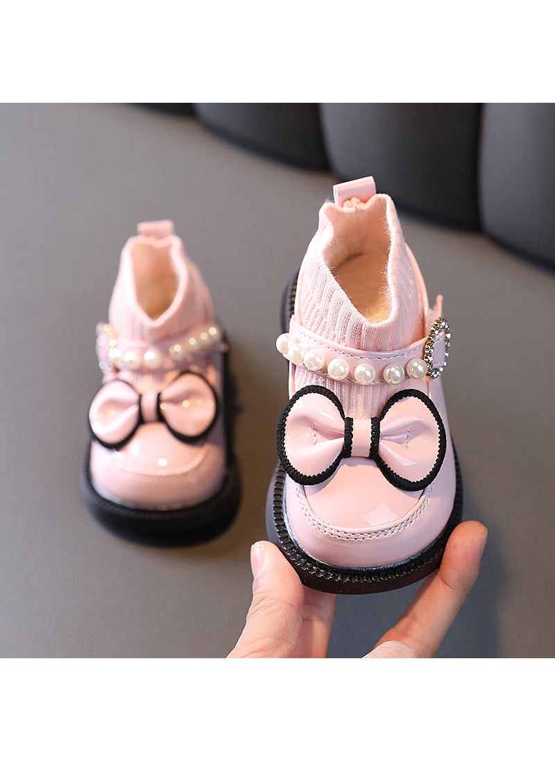 2022 Winter New Korean Style Bow Pearl Socks Cotton Boots Girls Soft Bottom Children Princess Fashion BootsPink Pink