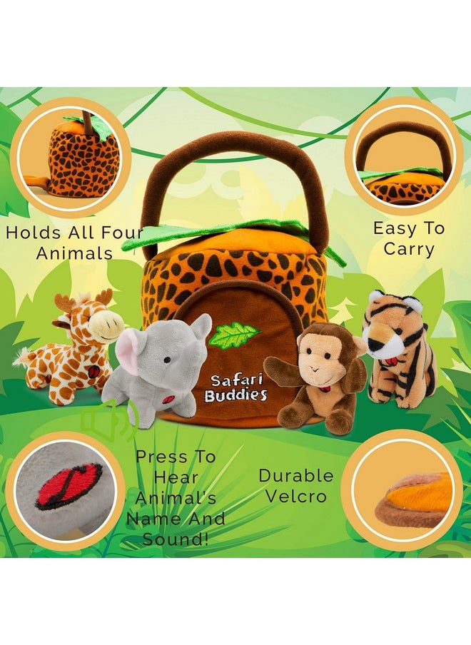 Plush Jungle Animals Toy Set (5 Pcs) With Carrier For Kids;Stuffed Monkey Giraffe Tiger & Elephant;Great For Boys & Girls