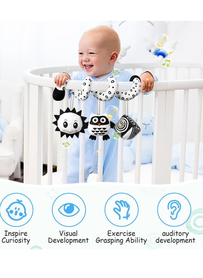 Spiral Toys for pram, Spiral Pram Hanging Toys, Black and White Pram Toys, Spiral Activity Hanging Toys Car Seat Toys With Ringing Bell, Wrap Around Crib Sensory Early Education Toys