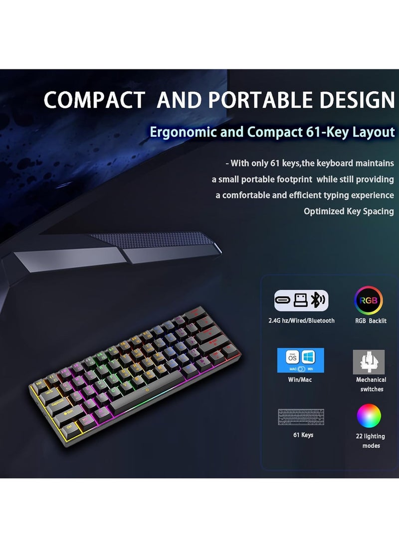 infino® Wireless Bluetooth Tri-Mode (2.4G/Bluetooth/USB-C) Mechanical Keyboard, Multi-Platform Support (Windows/Mac/Linux/Tablet), Rechargeable 61-Key RGB Backlit Brown Switch Gaming Keyboard