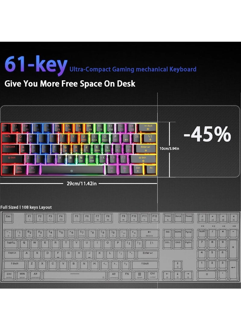 infino® Wireless Bluetooth Tri-Mode (2.4G/Bluetooth/USB-C) Mechanical Keyboard, Multi-Platform Support (Windows/Mac/Linux/Tablet), Rechargeable 61-Key RGB Backlit Brown Switch Gaming Keyboard