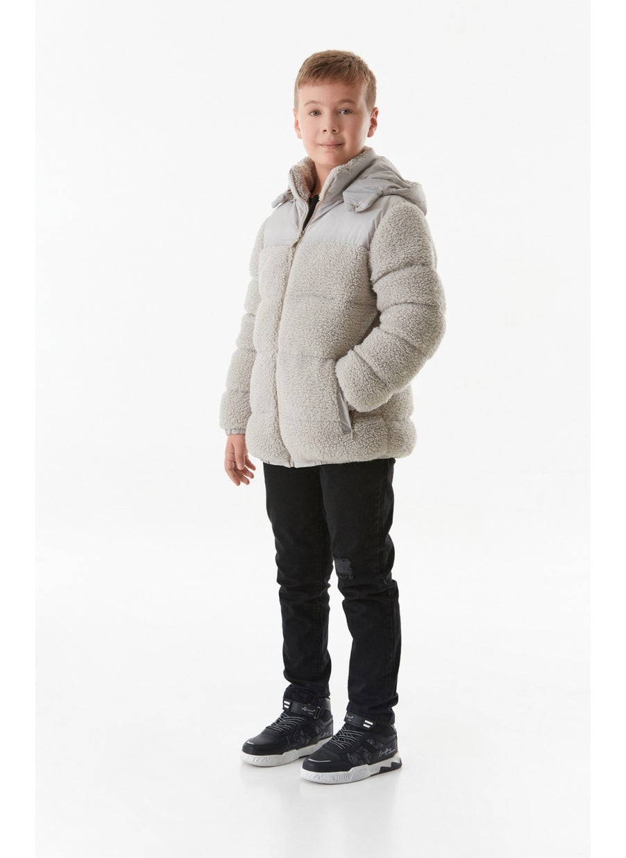 Elastic Waist Zippered Pocket Hooded Plush Boy's Coat