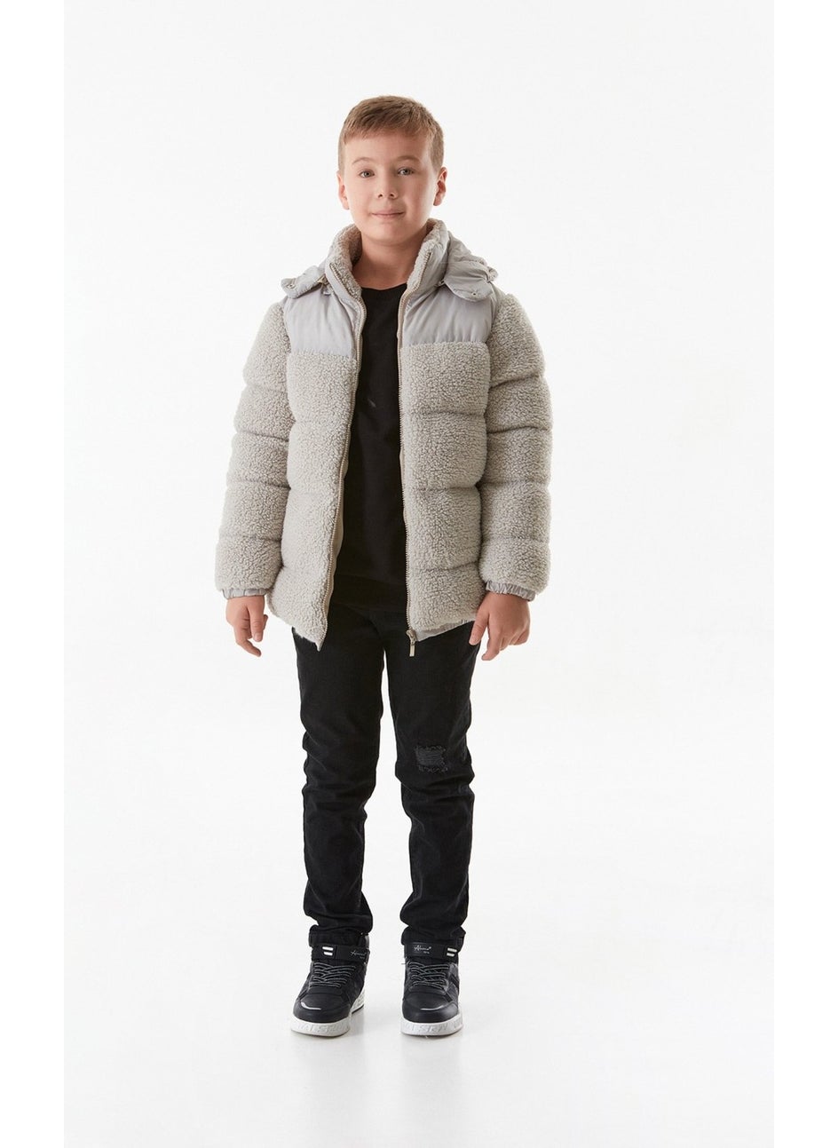 Elastic Waist Zippered Pocket Hooded Plush Boy's Coat