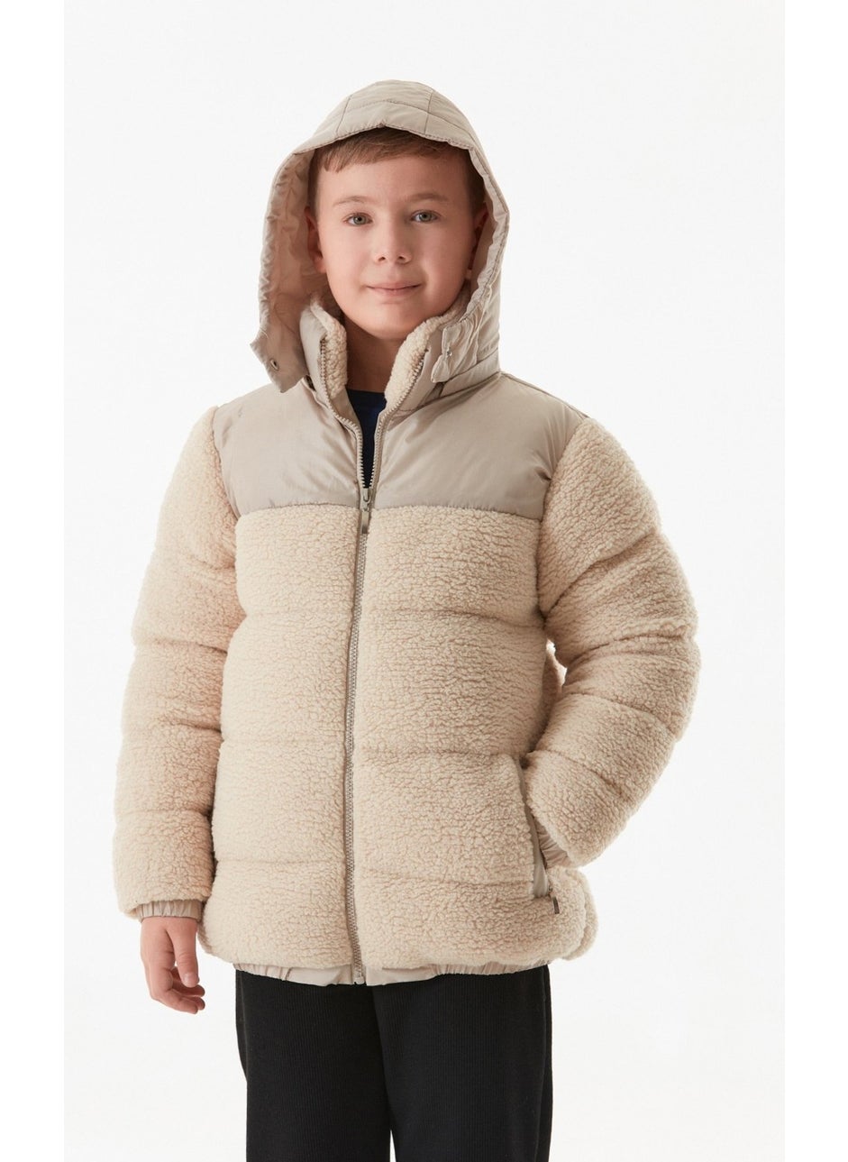 Elastic Waist Zippered Pocket Hooded Plush Boy's Coat