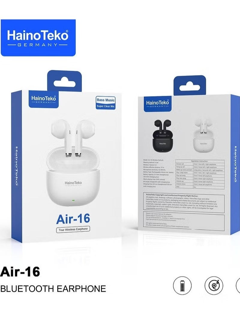 NEW Air-16 True Wireless Earphones – Super Clear Mic, High Bass Sound Quality, iPhone u0026 iPad Compatible (White)