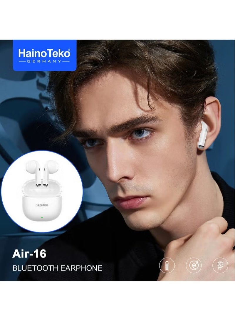 NEW Air-16 True Wireless Earphones – Super Clear Mic, High Bass Sound Quality, iPhone u0026 iPad Compatible (White)