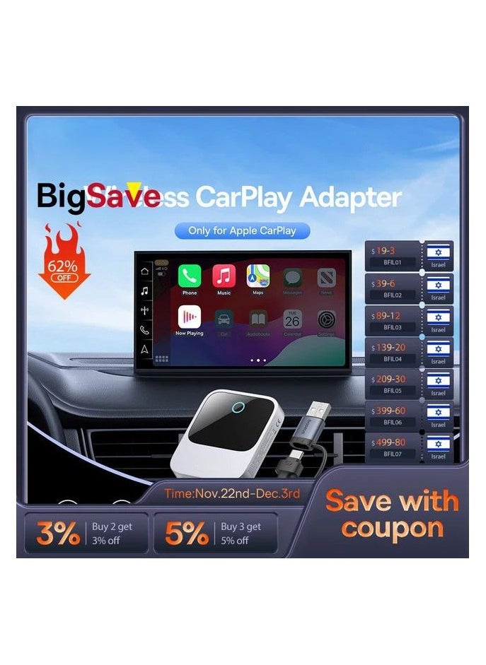 Wireless CarPlay Adapter Wired CarPlay Smart Box IOS to Wireless Car Play Screen Plug & Play Bluetooth WiFi Connection Auto Connect.