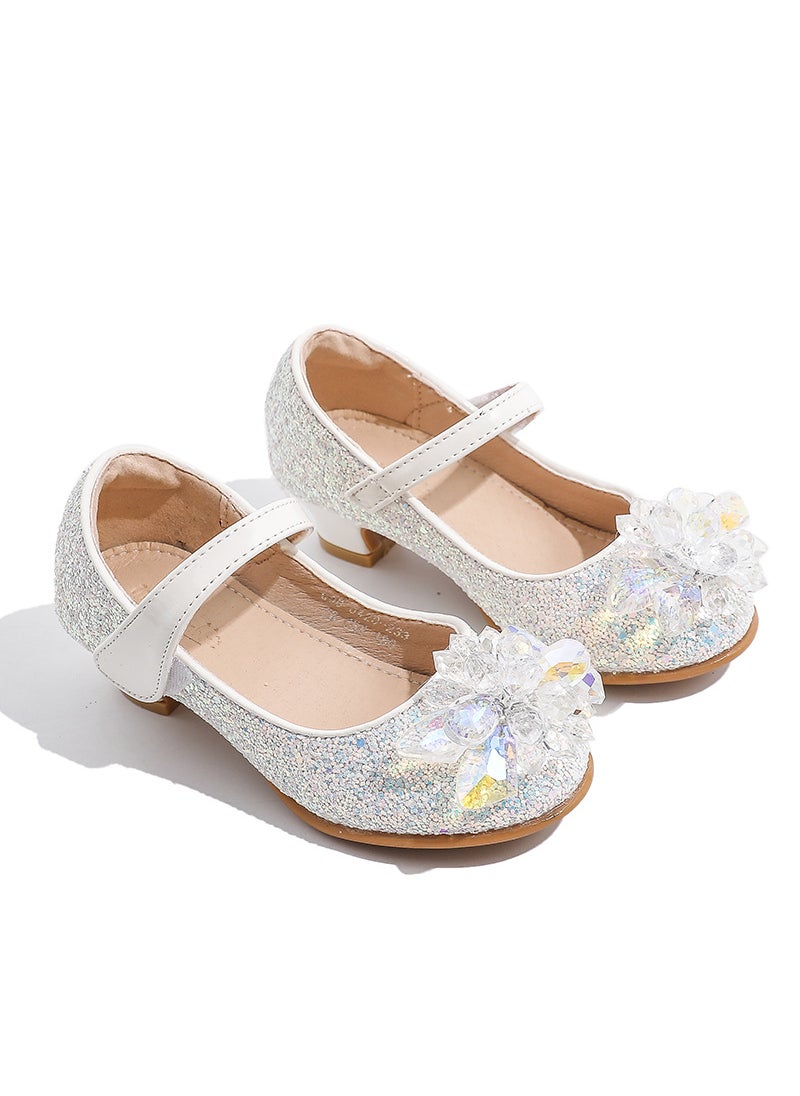 Girls High Heels Baby Princess Children Single Shoes Small Girls Performance Crystal Leather Gift Martini Shoes Fiber Material White