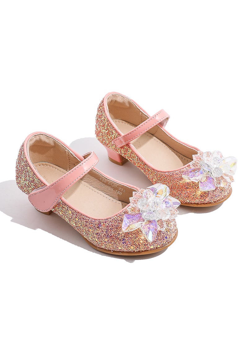 Girls High Heels Baby Princess Children Single Shoes Small Girls Performance Crystal Leather Gift Martini Shoes Fiber Material Pink