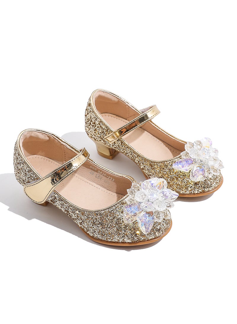 Girls High Heels Baby Princess Children Single Shoes Small Girls Performance Crystal Leather Gift Martini Shoes Fiber Material Gold