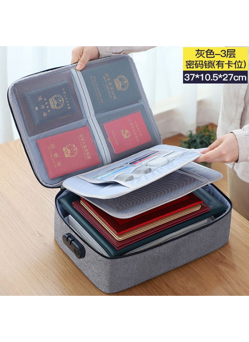 Waterproof Travel Document Storage Bag Large Capacity Household Certificate Document Storage Bag File Arrangement Card Passport BagThree layers with lock Gray Three layers with lock Gray